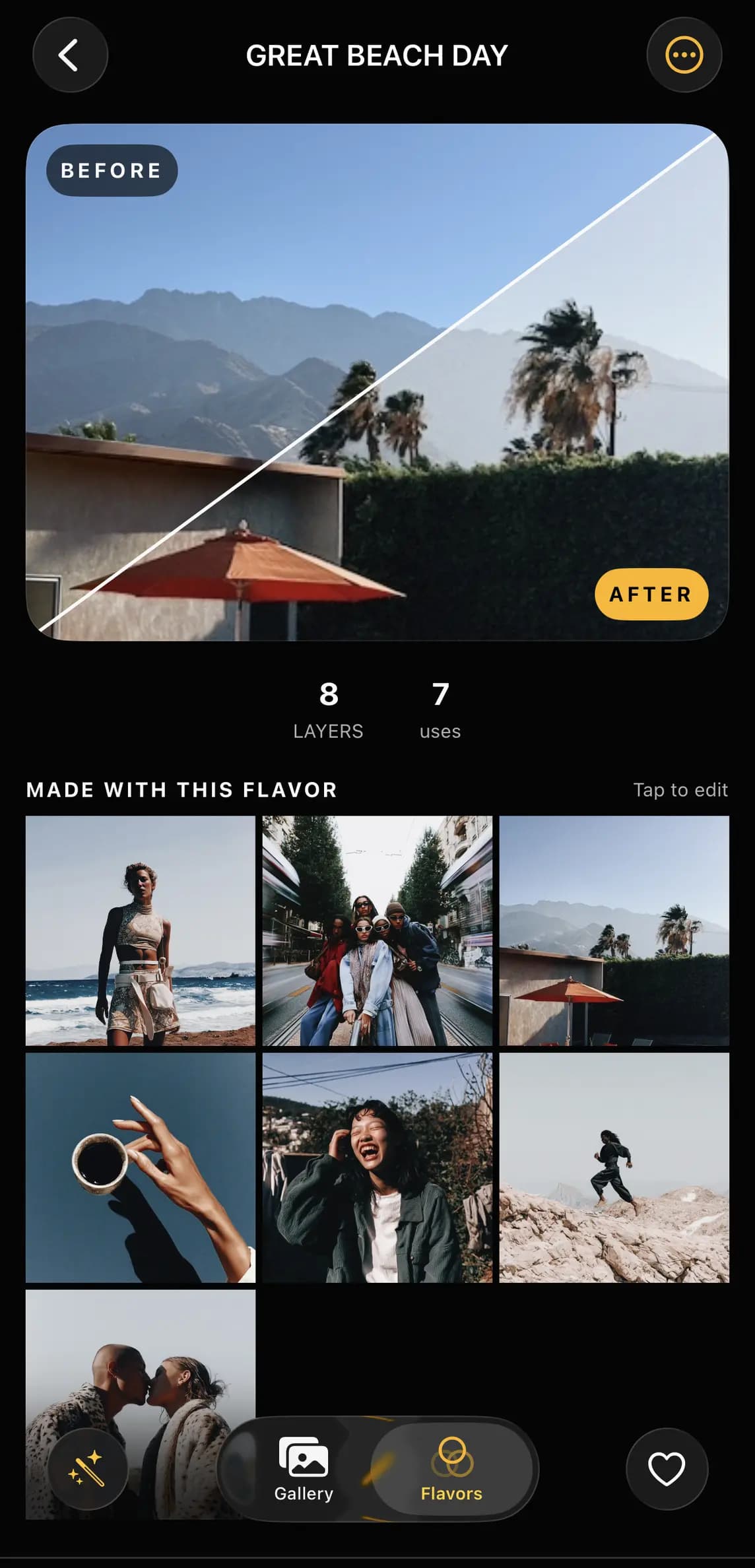 GREAT BEACH DAY Flavor screen with a before and after preview and the complete shoot